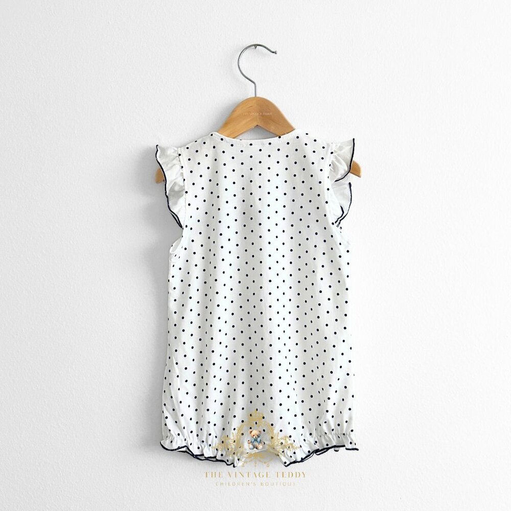 NWT Pretty Girls One-piece Romper Bubble Ruffled Polkadots White & Navy 3-6M - Picture 2 of 3